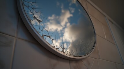 Round broken mirror with sky and clouds reflection. Abstract concept of bad luck, shattered reality, or psychological stress.