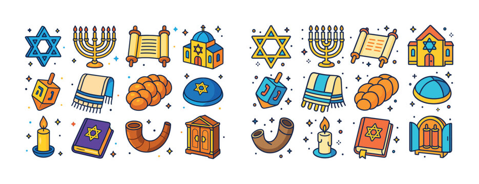 Colorful jewish symbols collection including star of david, meno