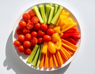 Vibrant vegetable platter with cherry tomatoes, cucumbers, bell peppers