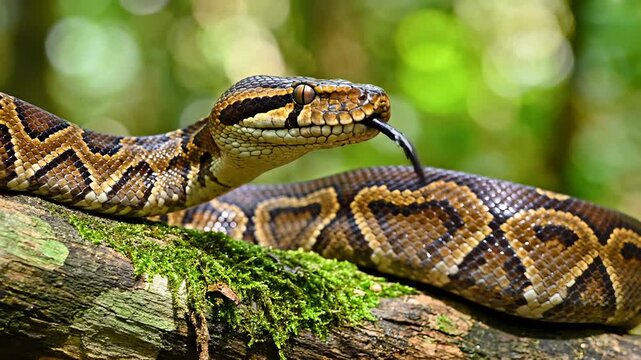 Royal Python Flicking Tongue, Close Up on Tree Branch