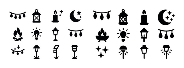 Collection of decorative outdoor lighting and iconic symbols in