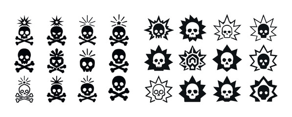 Set of cartoon skull symbols with crossbones and unique expressi