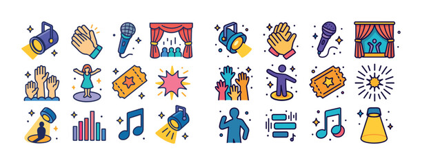 Fototapeta premium Colorful theater and music icons: spotlight, applause, microphon