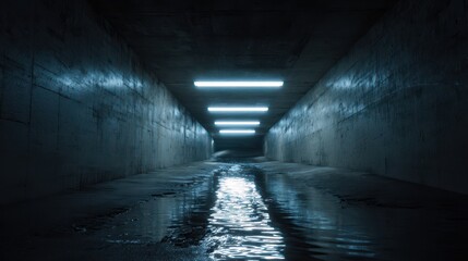 Industrial Tunnel Scene: Narrow Passage, Cool Lights, and Receding Depth