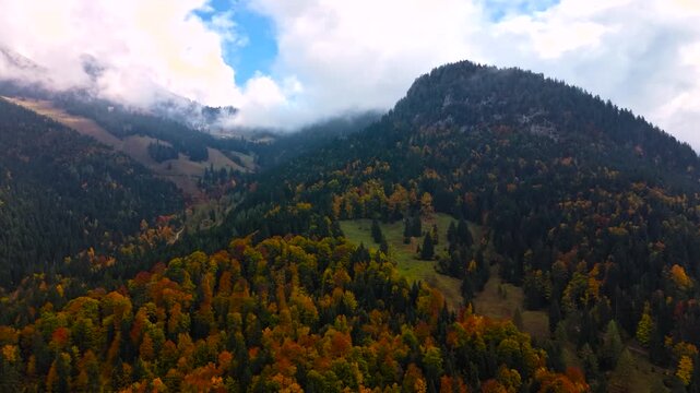 Aerial time lapse of Heutal valley with dense autumn forest and alpine slopes in vibrant fall colors