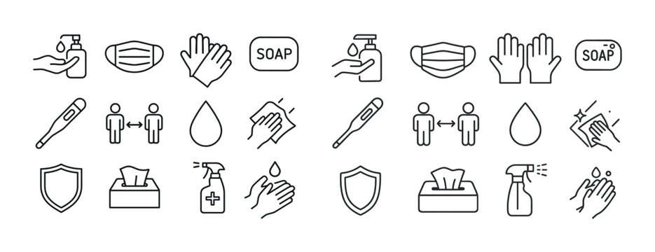 Vector icons of hygiene practices: handwashing, social distancin