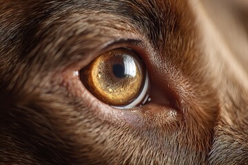 Intimate close view of a dog's eye: vivid iris patterns framed by soft fur