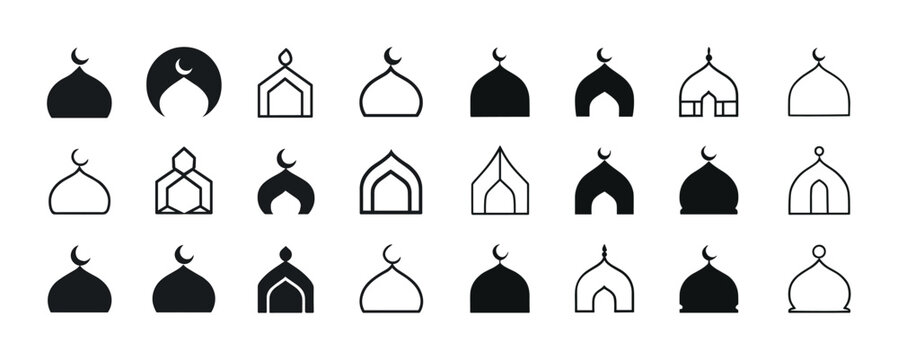 Collection of islamic mosque silhouettes with crescent moon desi