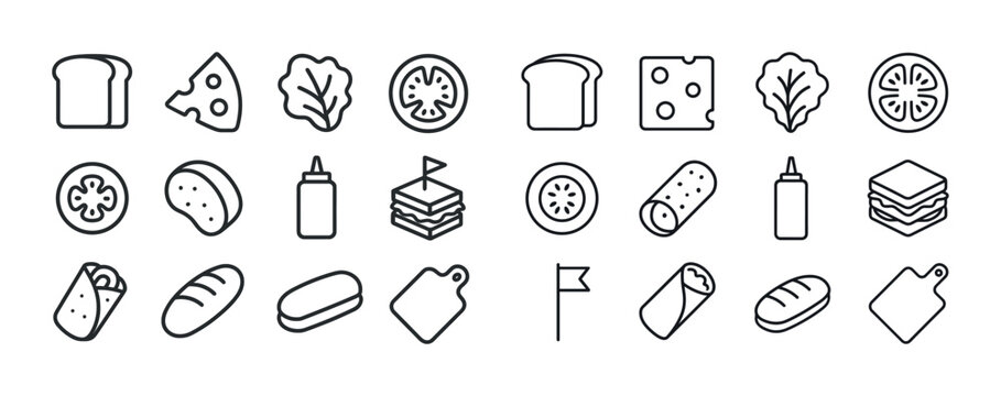 Collection of sandwich and snack line icons including bread, che