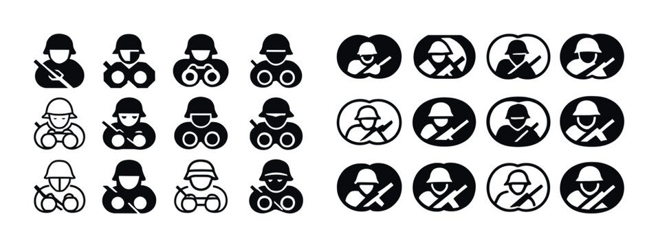 Military icons set with soldiers and binoculars in different sty