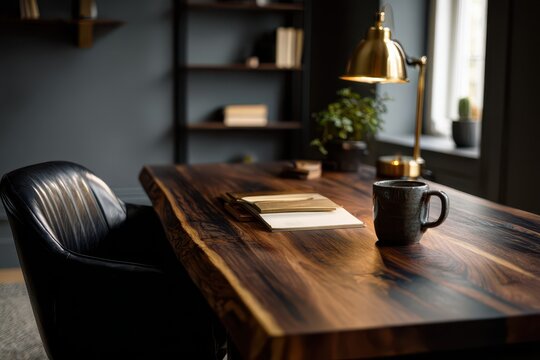Intimate shot of a masculine home study with moody light, minimalist decor, and desk essentials