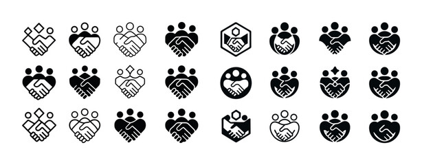 Icon set of handshake and paw symbols in black and white