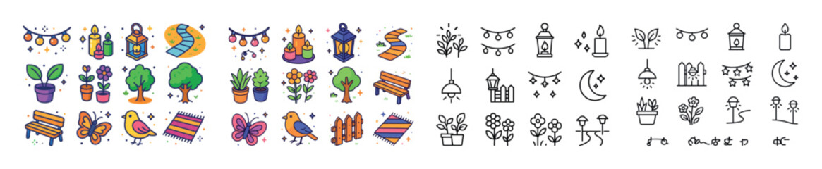 Colorful and line art garden icons featuring plants, trees, and