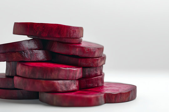 Freshly sliced beets stacked on white background for healthy eating