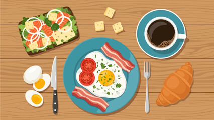 An overhead vector illustration of a hearty breakfast on a wooden table, featuring a fried egg with bacon, a salmon sandwich, boiled eggs, a croissant, and black coffee