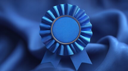 Close-up shot of a blue award ribbon, with focus on the details of the fabric and design. The ribbon is a symbol of achievement and honor.