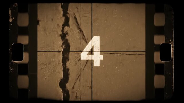 Vintage countdown timer with number ten displayed on weathered wooden surface and film strip border