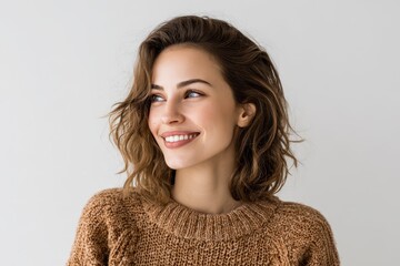 Joyful studio portrait of a young woman with a bright smile wearing a cozy sweater on a clean white backdrop