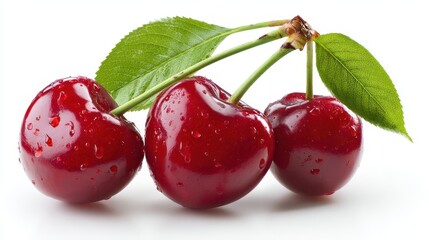 Obraz premium Juicy cherries with leafy stems, product photography on white background