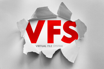 VFS acronym for Virtual File System revealed through torn paper design, symbolizing file abstraction, storage management, OS architecture, data access layers, and filesystem integration concepts