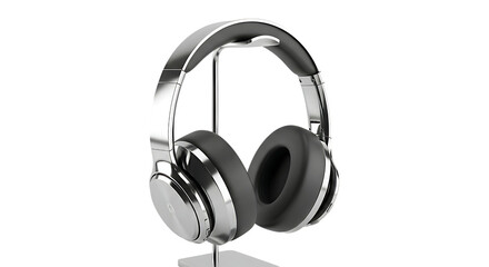 Silver and black over-ear headphones on stand isolated on transparent background