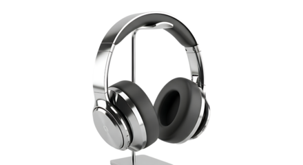 Silver and black over-ear headphones on stand isolated on transparent background