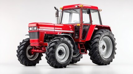 Large red farming tractor displayed against a pure white backdrop