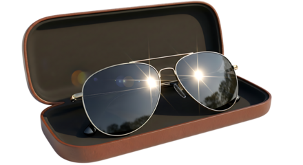 Classic aviator sunglasses in open brown leather case, with lens flare, isolated on transparent background
