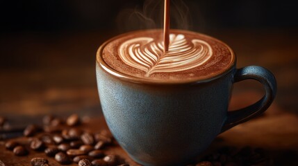 Close-up shot of a cup of coffee with latte art being poured in a creative and artistic way. The coffee cup is sitting on a wooden surface with coffee beans scattered around it.