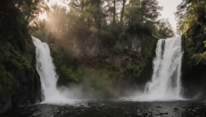 Fototapeta premium Twin Waterfalls Cascading Through Lush Forest Under Sunlight.