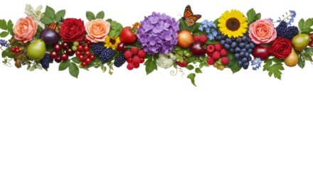 hyper-detailed botanical frieze of crimson roses, hydrangeas, sunflowers, mixed berries, and monarch butterflies interwoven with lush foliage, isolated on a white background with copy space. concept