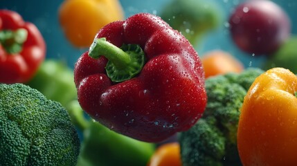 Vibrant vegetables in a dynamic composition, featuring water droplets on the surface, showcasing freshness and culinary appeal