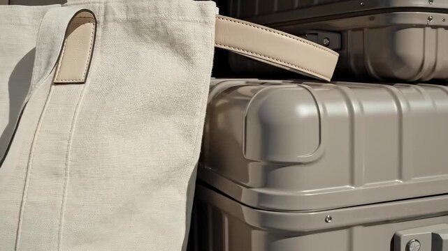 Abstract still life arrangement of various neutral colored tote bags and geometric suitcases stacked inside a clean car trunk interior transportation, packing, cleanliness