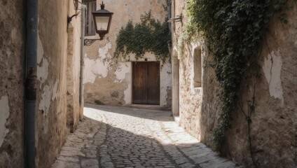Fototapeta premium Narrow Cobblestone Alleyway in an Old European Town with Stone Walls and a Wooden Door.