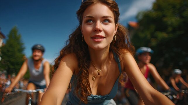 A young woman enjoying a bicycle ride on a sunny day with her friends - Powered by Adobe