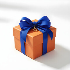 Square Orange Gift Box with Blue Satin Ribbon and Gold Star Charm, Ribbed Texture on White Background, Festive Holiday or Birthday Present Concept