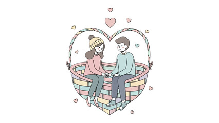 Love's Tender Basket: A hand-drawn illustration captures a tender moment as a couple sits nestled within a heart-shaped basket. They share a delicate connection amidst the floating hearts. 