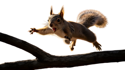 Energetic squirrel jumping and flying through the air from a tree branch action shot isolated PNG with Transparent Background