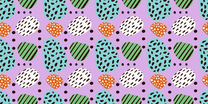 Decorative seamless pattern with abstract shapes and colors in a playful arrangement on a light background