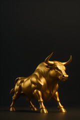 Obraz premium Golden bull statue on black background with dramatic light, symbol of bullish stock market growth, wealth and investment success for finance news, trading and business concepts 