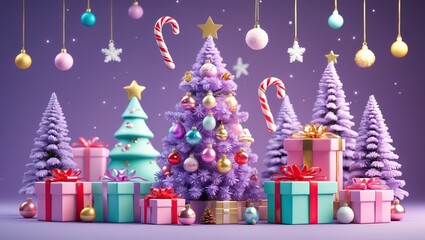 &ldquo;Purple Christmas tree with pastel gifts and festive decor &mdash; AI-generated&rdquo;