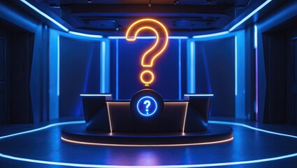 &ldquo;Futuristic quiz show scene with neon question mark &mdash; AI-generated&rdquo;