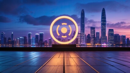 &ldquo;Modern cityscape with neon sculpture at dusk &mdash; AI-generated&rdquo;