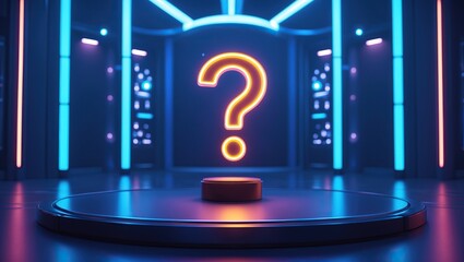 &ldquo;Futuristic quiz show scene with neon question mark &mdash; AI-generated&rdquo;