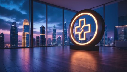 &ldquo;Futuristic medical interior with city view and neon emblem &mdash; AI-generated&rdquo;