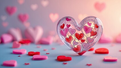 &ldquo;Glass heart with illustrated heart bouquet and romantic decor &mdash; AI-generated&rdquo;