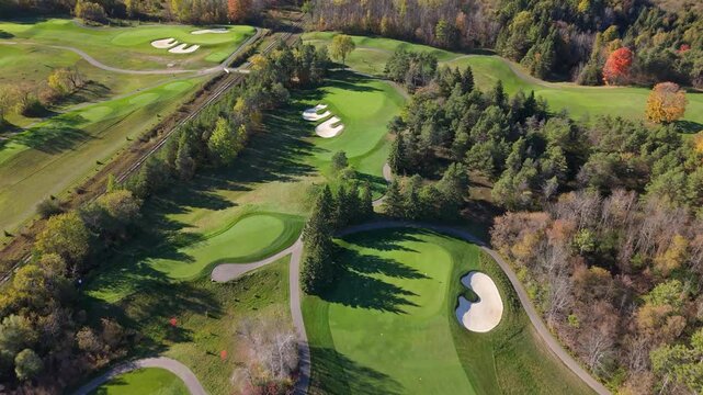 Aerial view of TPC Toronto at Osprey Valley showing sculpted fairways, sand bunkers, and fall-season tree lines across the championship golf landscape.