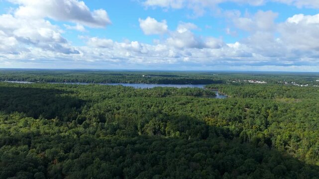 High-altitude drone view over dense Muskoka forest near Gravenhurst, opening toward a long lake under bright clouds and expansive northern landscape.