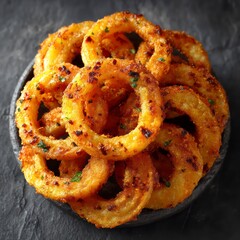 Crispy Fried Golden Onion Rings Stacked on a Dark Plate, Top View