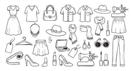 Fashion and Clothing Doodle Style Icons Set in Black and White